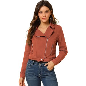 Allegra K Women's Notched Collar Zip Closure Biker Motocycle Denim Jacket - 1 of 4