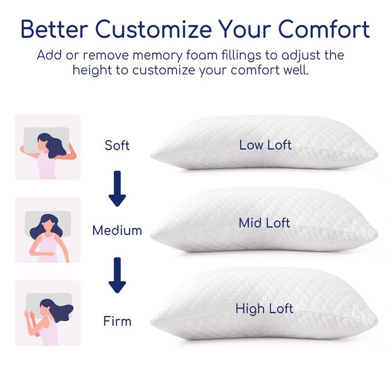 Peace Nest Pack of 2  Shredded Memory Foam Adjustable Bed Pillows for Back & Side Sleeper, 2 of 7