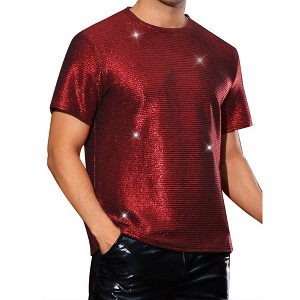 Lars Amadeus Men's Round Neck Short Sleeve Metallic Party Sparkly T-Shirts - 1 of 4