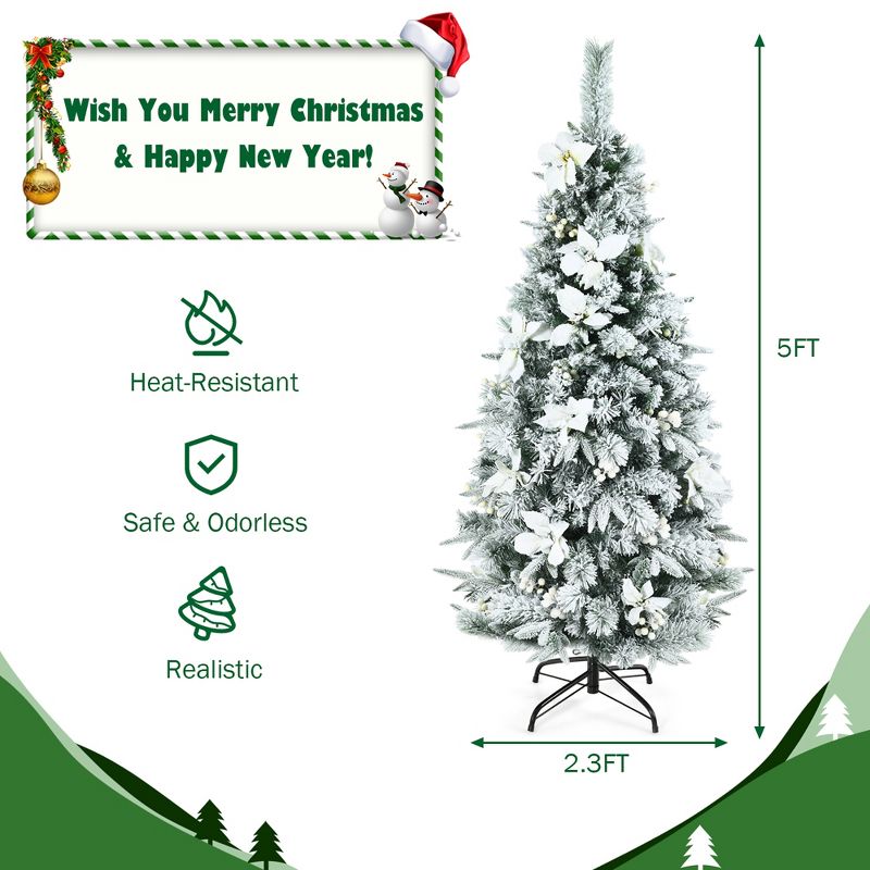 Costway 5ft/6ft/7ft/8ft Snow Flocked Christmas Pencil Tree w/ Berries & Poinsettia Flowers, 4 of 9