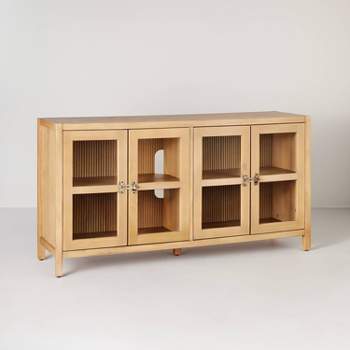 Grooved Wood with Glass 4-Door Sideboard Buffet Cabinet- Natural - Hearth & Hand™ with Magnolia