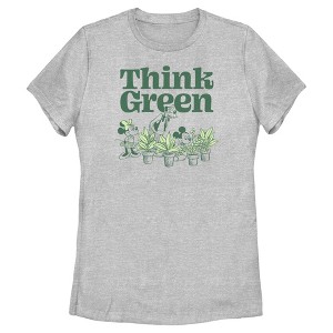 Women's Mickey & Friends Green Think Plant Lovers T-Shirt - 1 of 4