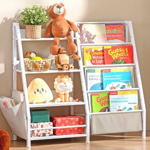 MAYEERTY 4 Tier Kids Bookshelf Extra Pocket Toy Storage Nursery Bedroom White - 1 of 4