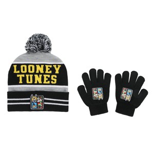 Looney Tunes Striped Youth Pom Beanie and Gloves Set - 1 of 4
