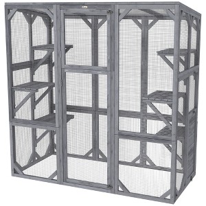 PawHut Catio Outdoor Cat Enclosure, Large Wooden Cat House with 6 Jumping Platforms, Weatherproof Roof, for 1-3 Cats, 59" x 28" x 60", Gray - 1 of 4
