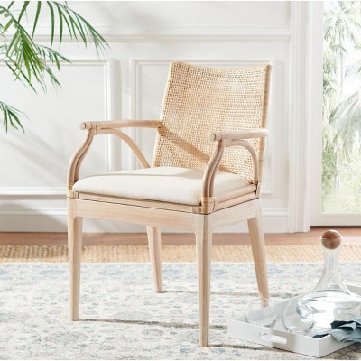 Coastal Chic Natural Whitewash Rattan Armchair with White Cushion