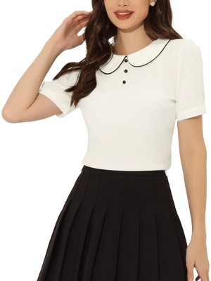 INSPIRE CHIC Women's Summer Peter Pan Collar Contrast Trim Puff Short Sleeve Blouse
