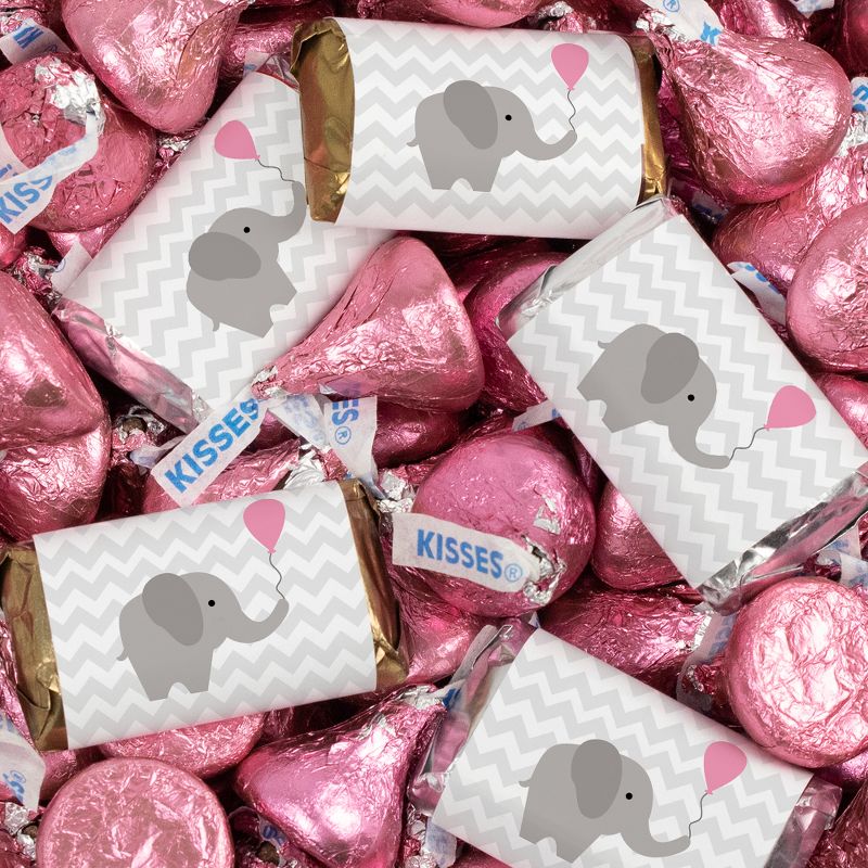 131 Pcs Pink Girl Baby Shower Candy Party Favors Elephant  Hershey's Miniatures & Kisses (1.65 lbs, Approx. 131 Pcs), 1 of 2