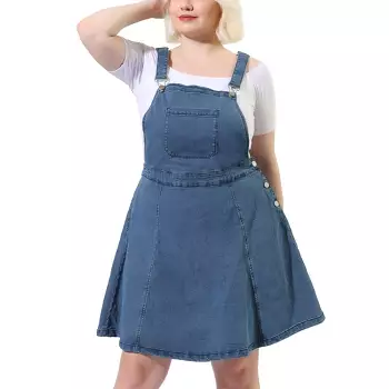 Agnes Women's Plus Size Jeans Suspender Pocket Side Button Strap Denim Overall Dresses Blue 1x : Target