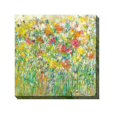 Cottage Garden West of The Wind Sweet Caress Green, Yellow, Pink 24 x 24 Inch Waterproof Gallery Wrapped Canvas, Outdoor Garden, Yard, Patio All