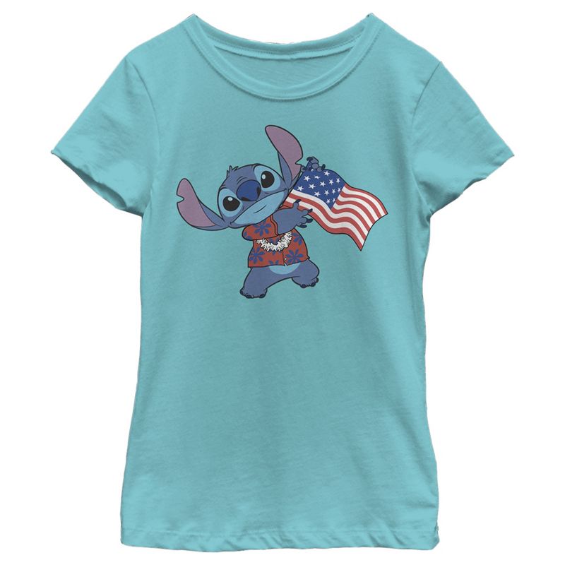 Girl's Lilo & Stitch Tropical American Flag T-Shirt, 1 of 5
