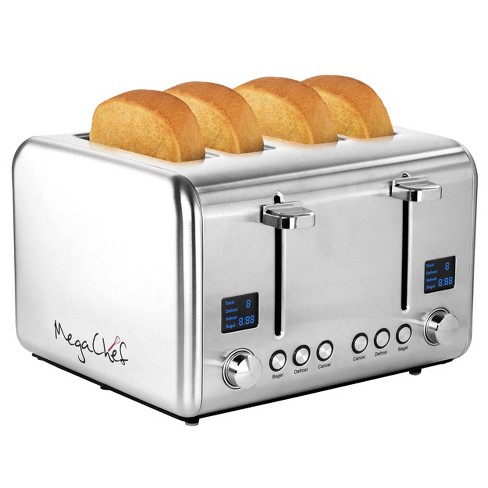 MegaChef 4 Slice Toaster in Stainless Steel Silver Defrost Reheat Bagel Adjustable Thermostat Crumb Tray 1800W