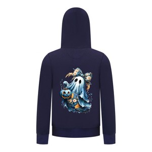 Everyday Kids “Coquette Ghost” Halloween Zip Up Hoodie – Cute Floral Bow Ghost with Pumpkin Lantern – Cozy Fall Sweatshirt for Girls, Navy - 1 of 3