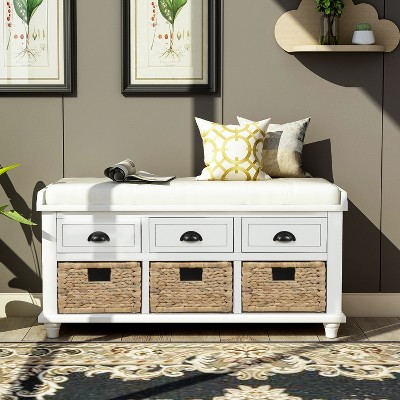 YOOCOZZ Solid Wood Rustic Storage Shoe Bench with 3 Rattan Baskets and 3 Drawers