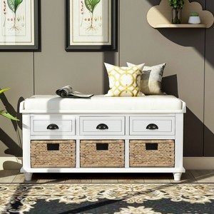 VYNXARIA Rustic Storage Bench with 3 Drawers and 3 Rattan Baskets, Shoe Bench for Living Room, Entryway - 1 of 4