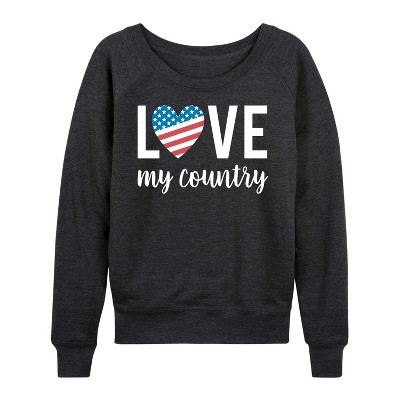 Women's - Instant Message - Love My Country Lightweight French Terry Wide Neck Long Sleeve Shirt