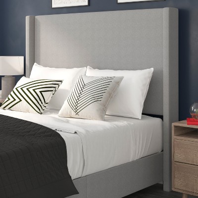 Gray Queen Upholstered Platform Bed with Linen Headboard