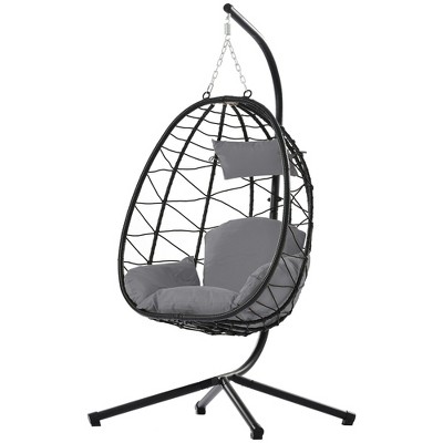Infurnic Patio Swings, Hanging Egg Swing Chair with Stand and Soft Seat Cushions, Swinging Seat for Balcony Backyard Garden, Gray, 37.4"*37.4"*77"