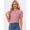 INSPIRE CHIC Women's Plaid Puff Short Sleeve Button Down Peter Pan Collar Shirt - 2 of 4