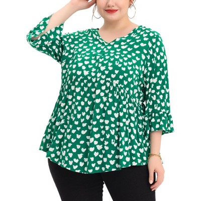 Agnes Orinda Women's Plus Size Babydoll Peplum High Low Hem V Neck 3/4 Sleeve Trendy Tops