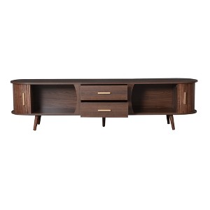 Gulches Dark Brown TV Stand Entertainment Center Fits TVs up to 80 in with Sliding Doors 2 Drawers Solid Wood Legs Waterproof Top - 1 of 4
