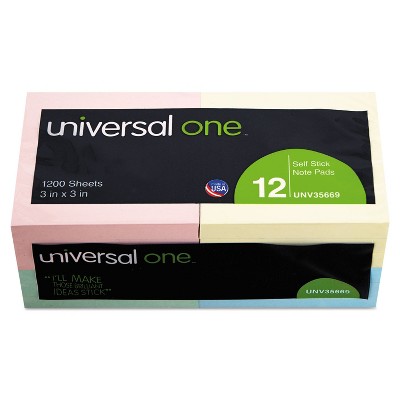 UNIVERSAL Standard Self-Stick Notes 3 x 3 Assorted Pastel Colors 100-Sheet 12/Pack 35669