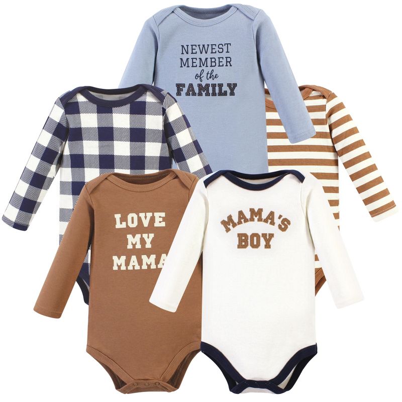 Hudson Baby Infant Boy Cotton Long-Sleeve Bodysuits, Brown Navy Mamas Boy 5-Pack, 1 of 8