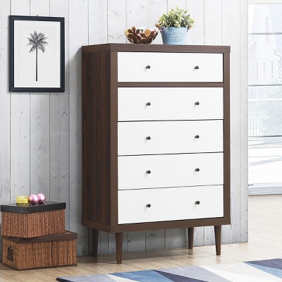White and Walnut Mid-Century Modern 5-Drawer Dresser