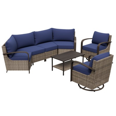 EAGLE PEAK Coastal Vista Outdoor Patio Furniture Set, Half-Moon Curved Wicker Patio Conversation Set with Coffee Table