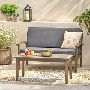 GDFStudio Keanu Outdoor Acacia Wood Loveseat and Coffee Table Set with Cushions - 1 of 4