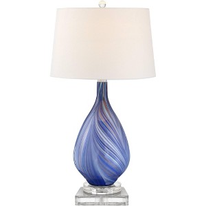 Possini Euro Design Taylor Modern Table Lamp with Square Riser 30 1/2" Tall Blue Art Glass White Fabric Drum Shade for Bedroom Living Room Bedside - 1 of 4
