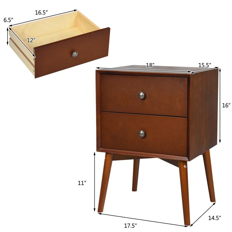 Tangkula Mid Century Nightstand Sofa End Table Bedroom Side Table with 2 Drawers, 2 of 7