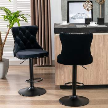 Set of 2 Modern Velvet Upholstered Tufted Swivel Barstools with Nailhead Trim and Adjustable Seat Height-ModernLuxe