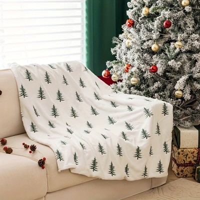 1pc Flannel Christmas Tree Embroidered Plush Throw Blanket Christmas Gift.