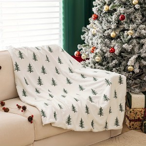 1pc Flannel Christmas Tree Embroidered Plush Throw Blanket Christmas Gift. - 1 of 4