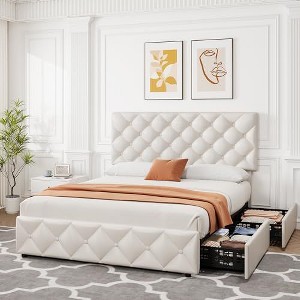 Full Size Bed Frame with 4 Storage Drawers and Headboard, Linen Upholstered Platform Bed Frame - 1 of 4