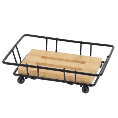 Evideco French Home Goods Bamboo Soap Dish Tray with Metal Wire Frame – Self-Draining Design, Ideal for Bathroom or Kitchen Counters