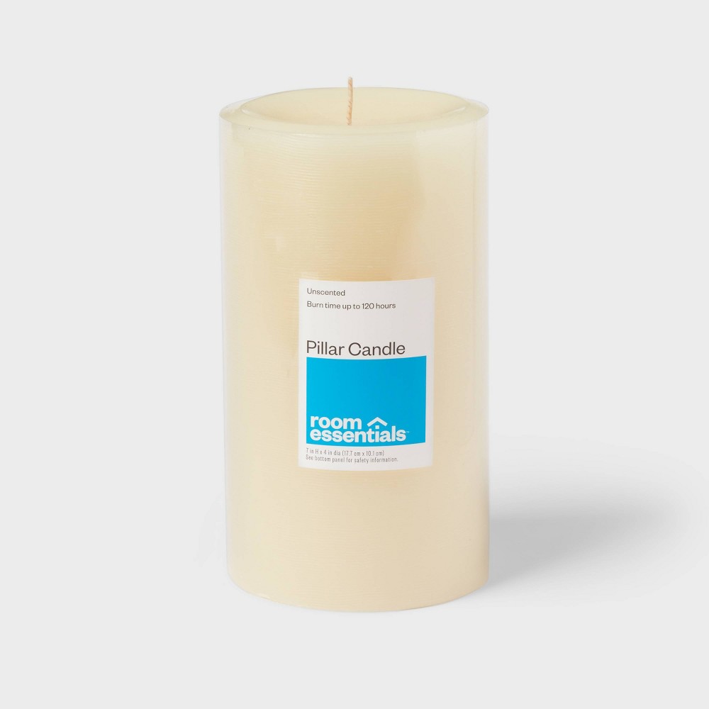7" x 4" Unscented Pillar Candle Cream - Room Essentials™: Paraffin Wax, 120hr Burn Time, 1 Wick