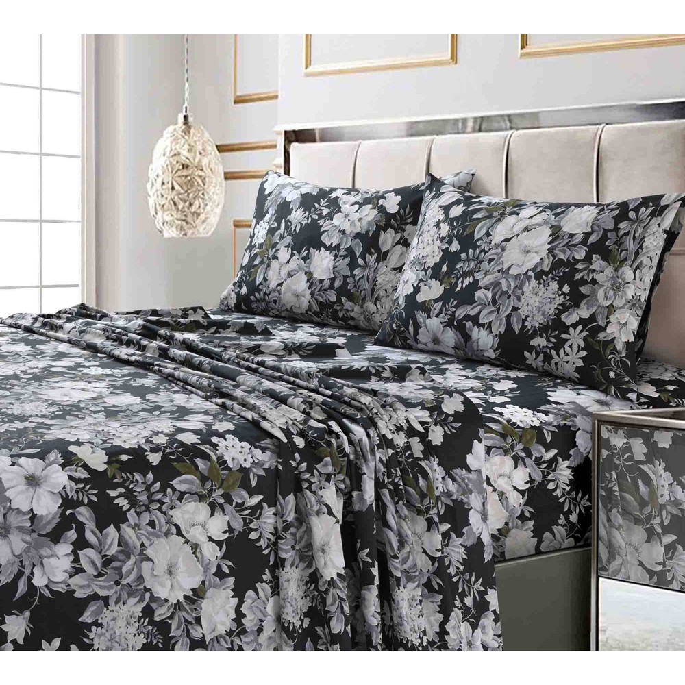 Photos - Bed Linen Queen 300 Thread Count Printed Pattern Sateen Sheet Set Charcoal Vernazza - Tribeca Living