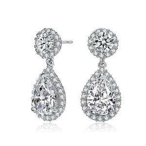 Guili Sterling Silver Rhodium Plated Drop Earrings with Pear and Round Cubic Zirconia and a Halo Design, an Exquisite Touch of Radiance - 1 of 3