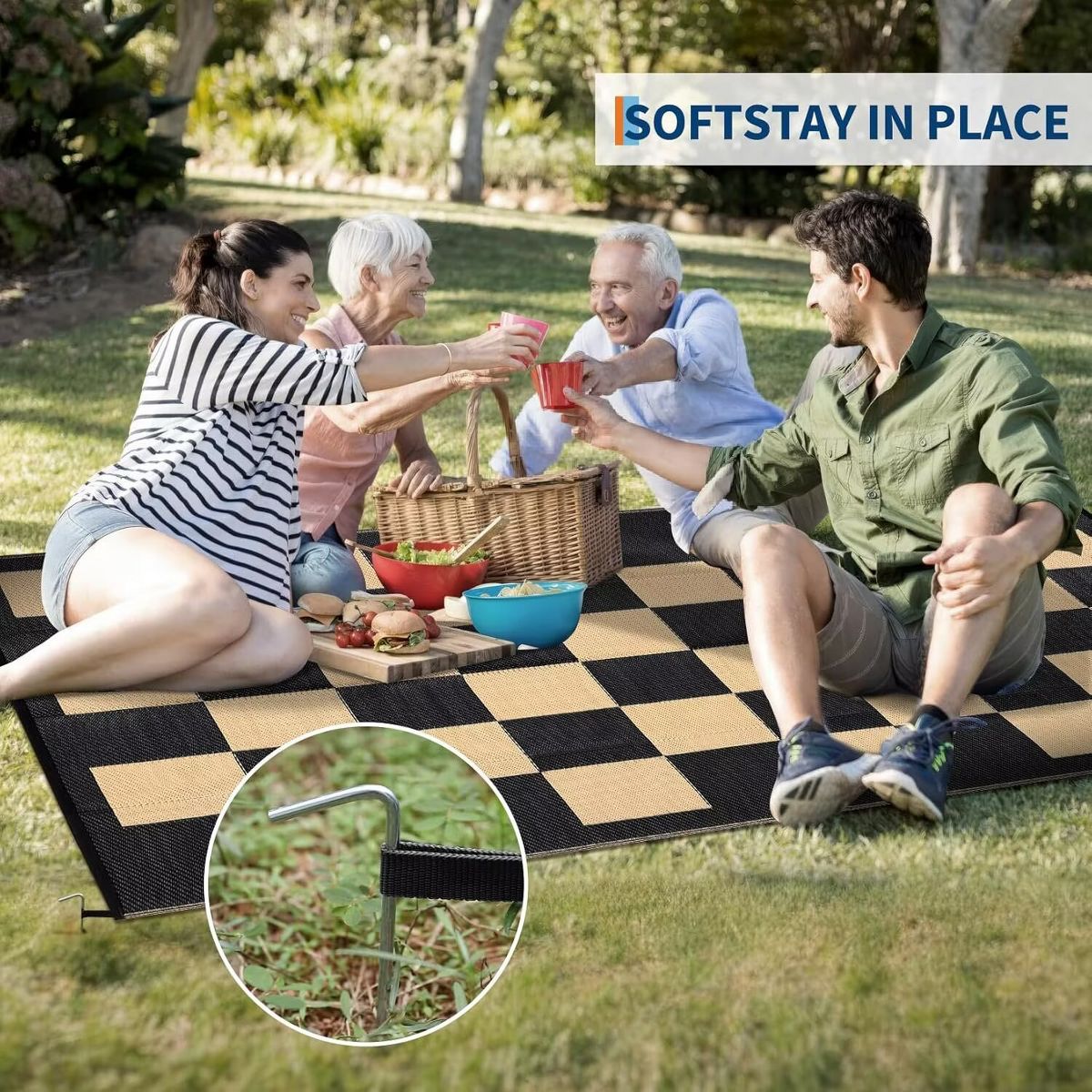 Garvee Outdoor Rug Checkerboard Geometric Plaid Pattern, Waterproof Plastic Straw Rug, UV Resistant Foldable Outdoor Rug for Picnic, Backyard, Deck - thumbnail 4