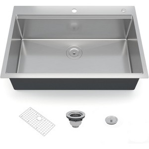 Drop-In Kitchen Sink, 16-Gauge 304 Stainless Steel Single Bowl with Drainboard, 10" Deep, Includes Bottom Grid & Drain Assembly - 1 of 4