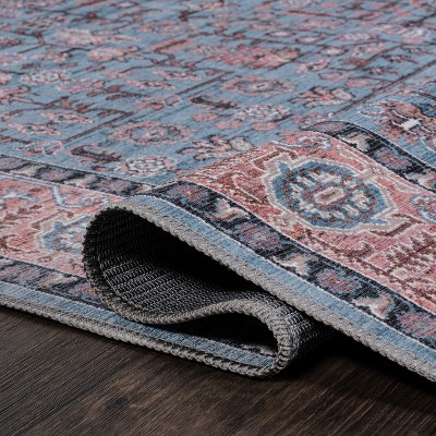 Kemer Persian Blue Red Brown Washable Chenille Area Rug 8' x 10'