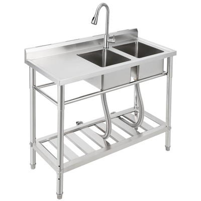 Commercial Kitchen Sink with Faucet and Storage Shelves,Freestanding Double Bowl Stainless Steel Utility Sink with Workbench for Restaurant