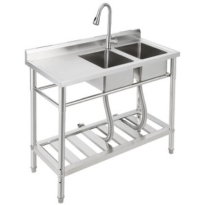 Commercial Kitchen Sink with Faucet and Storage Shelves,Freestanding Double Bowl Stainless Steel Utility Sink with Workbench for Restaurant - 1 of 4