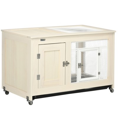 White Pinewood Indoor Guinea Pig Hutch with Wheels