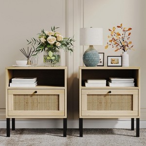 Angel Sar Rattan Nightstands Set of 2, Accent End Table, Boho Bedside Table with 1 Hand Made Decorated Door for Living Room, Bedroom - 1 of 4
