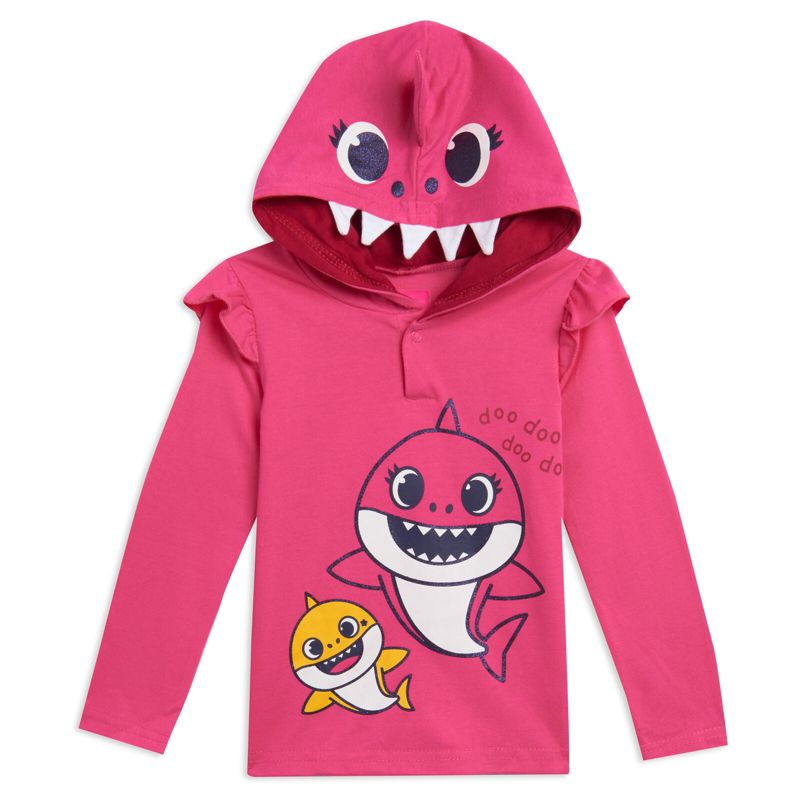 Pinkfong Mommy Shark Baby Shark Girls French Terry Pullover Hoodie Poly Hair & Felt Teeth Fin on hat Costume and Leggings Outfit Set Toddler, 2 of 6