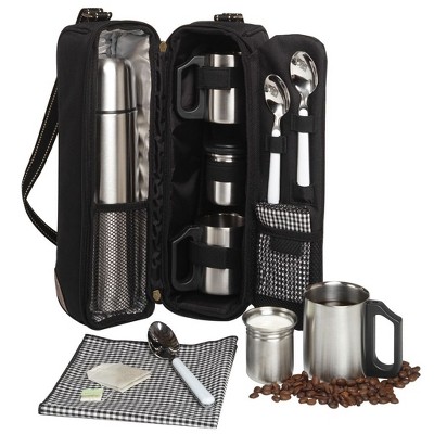 Black Stainless Steel Travel Coffee Tote for 2 with Vacuum Flask and Cups