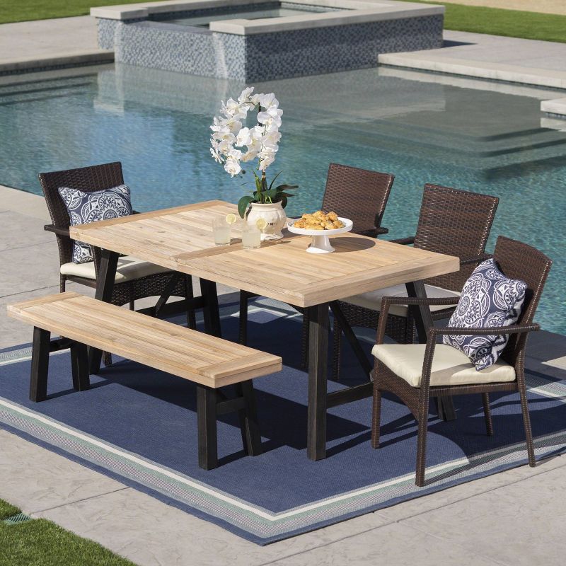 Horton 6pc Acacia Wood/Wicker Patio Dining Set - Brown/Cream - Christopher Knight Home, 1 of 7